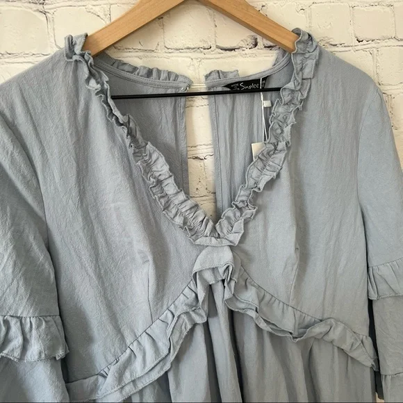 Simplee Elegant Solid Ruffle Short Sleeve Dress Blue Size Small NWT - Picture 10 of 16